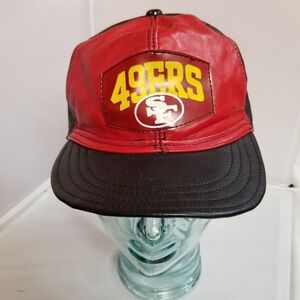 Vintage 90s San Francisco 49ers Black / Red Leather Cap Hat NFL‎ belt back